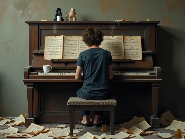 A person is sitting at the piano with initial enthusiasm.,  surrounded by messy sheet music and an expression of frustration because they have given up. The piano looks unused .