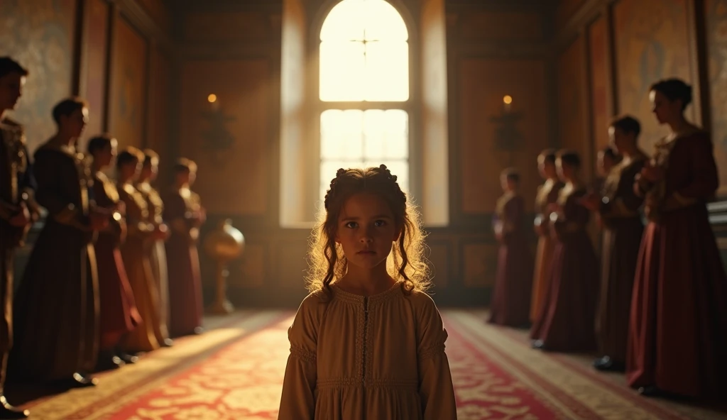 A poignant portrait of young Elizabeth I, age three, standing in a royal palace room, captured with a Canon EOS R5 and an RF 85mm f/1.2 lens at f/1.2, ISO 200, and a shutter speed of 1/500s. The room is adorned with rich tapestries and golden objects, bath...