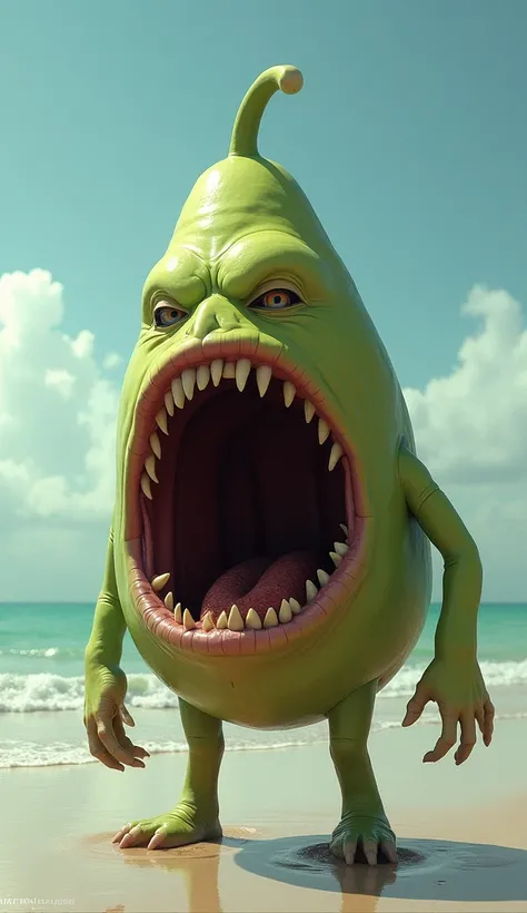 Create a image of a pease mouth looks like a horror I am very hilarious that is stand on the beach 