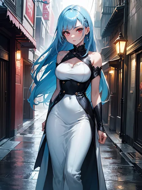 (​masterpiece、top-quality、hight resolution、Unity 8k、extremely details CG:1,Best Picture),((Light blue hair)), red eyes, Upper body, A beautiful woman with a sultry and alluring presence, standing under the warm glow of a streetlamp in a dimly lit, cobblest...