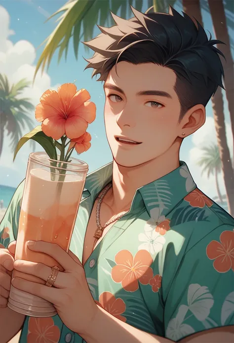 relaxed boy with neatly combed dark hair, wearing a Hawaiian shirt with bright floral patterns, holding a kitschy ceramic mug shaped like a palm tree against a sunny patio