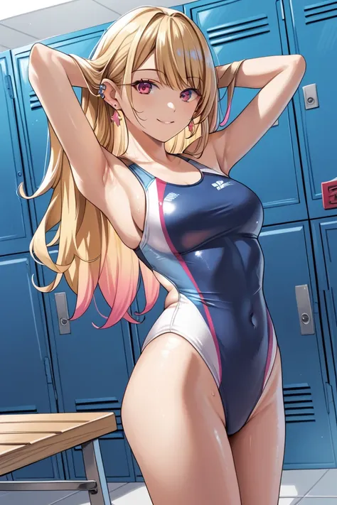 KJOmarin, blonde hair, long hair, pink eyes, earrings, ear piercing, multicolored hair,score_9, score_8_up, score_7_up,anime,amazing quality,great quality,1 girl,solo,,,arms behind head,kneeling,light smile,((competition swimsuit, )),(((cowboy shot,looking...