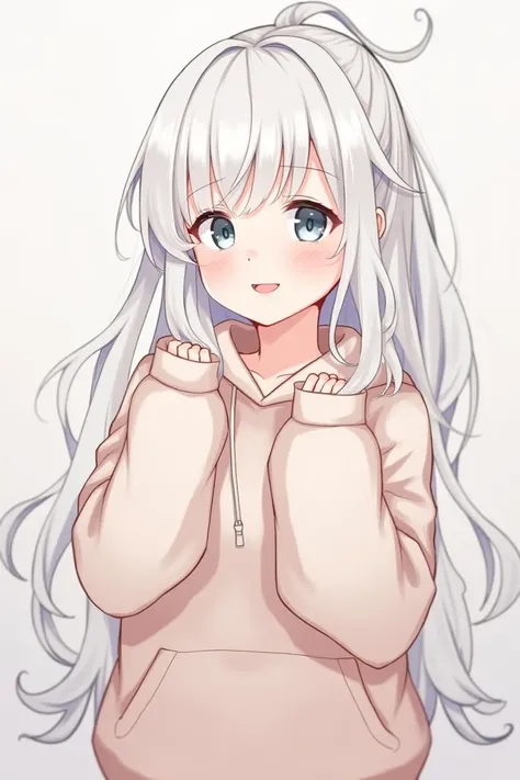 White hair、 with a ponytail on the side of the face、 cute、 Smile、Lazy Hoodie 