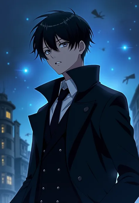 Anime, manhwa style, 1 male, short black hair, grey eyes, black suit, black trench coat, chaotic post-apocalyptic background, starry sky, blue, galaxy, best quality, 4k, highres, masterpiece, handsome, monarch, cold and emotionless expression, sharp angula...