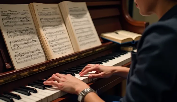 A disciplined person playing the piano ,  practices methodically,  with a focused posture and organized scores at their side.  There is an obvious progression in the environment ,  such as theory books and an open notebook , indicating constant progress .