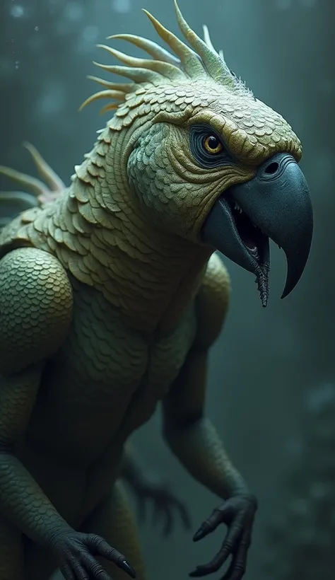 Realistic image of parrot and fish hybrid powerful and scary