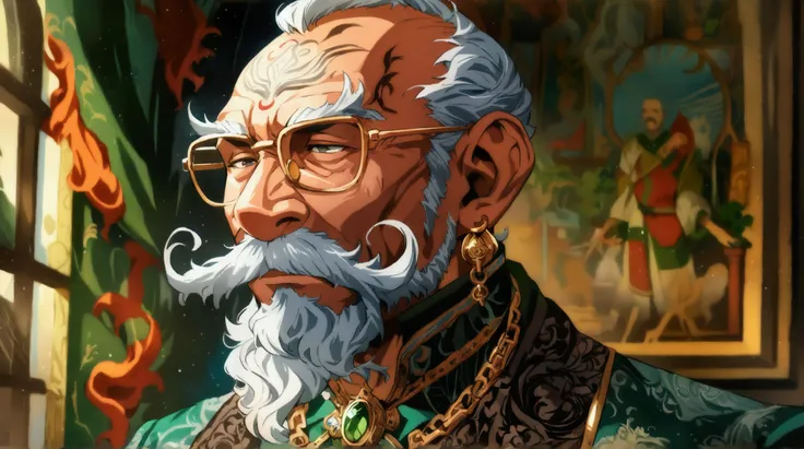 Old man, thin body, bald, huge brown mustache, pointy gray beard, gold earring, gold chain, green formal wear, black vest, mustache tattoo on chest, painters room background, ((Anime character design)), ((2D animation style)), ((Dramatic studio lighting)),...