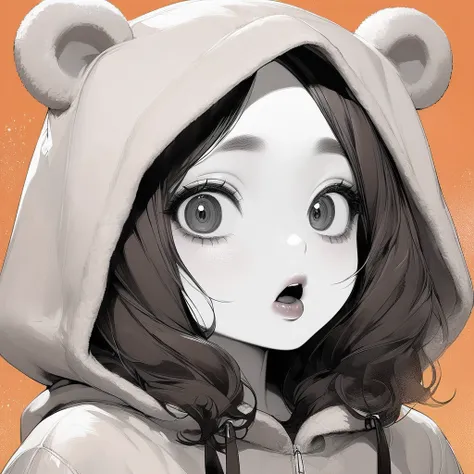  girl, Adorable,  sexy,  pale skin,   big eyes,  lip gloss ,  open her mouth , , Alone, Bear ear hoodie , bangs,  maroon hair in the garden、 cover the hood all the way to the head、 orange background 、monochrome coloring