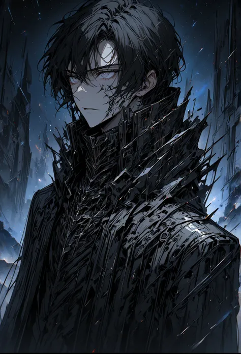 Anime, manhwa style, 1 male, short black hair, grey eyes, black suit, black trench coat, chaotic post-apocalyptic background, starry sky, blue, galaxy, best quality, 4k, highres, masterpiece, handsome, monarch, cold and emotionless expression, sharp angula...