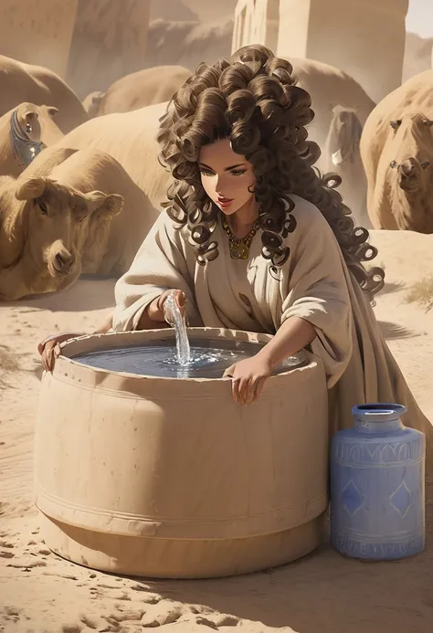 Rebeca, a Hebrew woman , Israelite, Giving water for camels to drink near a well, A young and beautiful woman,  curly hair 