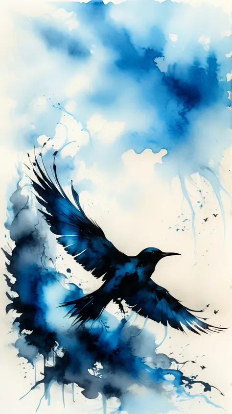 Ink and watercolour on parchment. Black and blue. Flying bird silhouette