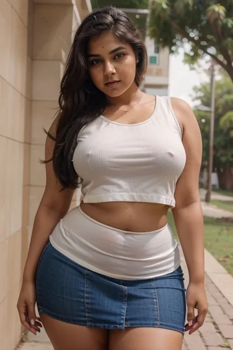 indian curvy college girl, thick girl, full photo, wearing mini skirt, showing her big thick thighs, curvy girl, cute face, nice wear, serene, lovely girl, looking into camera,best qualityer, 8k, extremely, realalist girl, no deformation