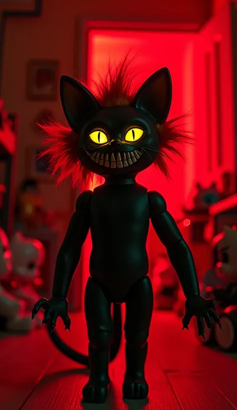 A terrifying hybrid emerges — the body of a sleek black cat with glowing yellow eyes, now marked by Chuck’s infamous stitched scars. Its claws gleam like sharp knives, and its face combines feline features with Chuck’s haunting smirk, complete with stitche...