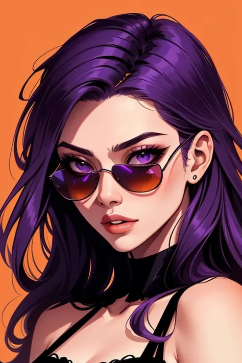 Raiden shougn, purple hair, purple eyes, a girl wearing trendy orange sunglasses , with an orange background, portrait