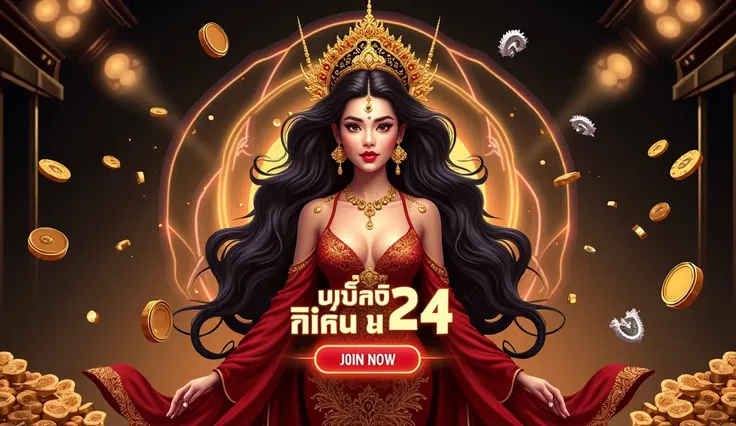 Create elegant flyer that says "CHANG123 SLOT PG NO1", text should in a Center, BIG FONTS, BIG TEXT, black and gold color, flying card, flying coin, flying money, flying cards, flying jackpot, , elegant, rich, with Beautiful thailand girls. text in thailan...