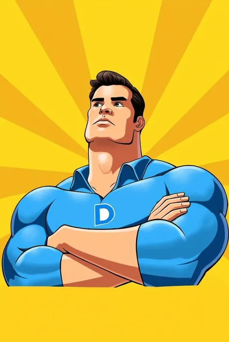 A massive Superhero bodybuilder, mid 50s, ‘Super-Dad’, ‘D’ insignia on his chest. 