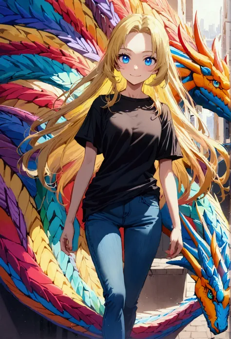 8 jear old Anime girl, (shoulder-length blond hair, beautiful hair, clear forehead, blue eyes, wears a black T-shirt and jeans , smile,) with a cute colorful dragon