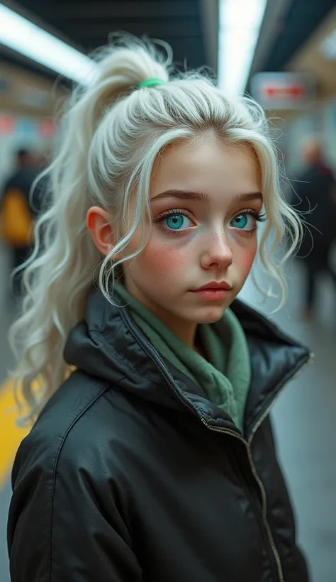 high angles , of a young European teenager of , long, slightly curly silver-white hair, tied in a ponytail, turquoise blue eyes, no make-up. average and athletic build, 1m72, she is wearing winter street wear clothes,expression of joy, she is on the metro ...