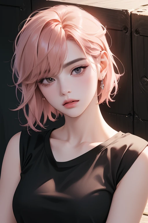 ((front view)), (best quality, ((masterpiece)), 8K resolution, Semi-realistic, cinematic lighting, ultra detailed, beautiful detailed eyes),1 woman, korean, 30-year-old ((black shirt)), black eyes,((hairstyle: Blunt bangs, salmon pink medium hair, hush cut...