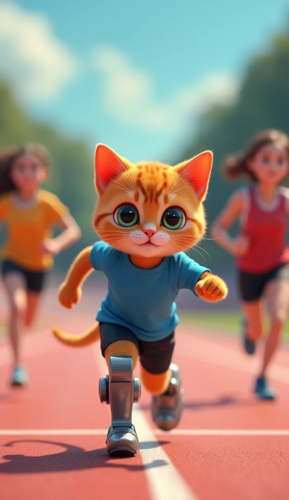 In cinematic 3D style, HD image ,realistic image, colourful image.
Character, Orange baby cat wearing blue t-shirt and black shorts,Both legs are robotic made of steel.
Action,There is a competition going on in a running ground and Baby Cat is fast running...