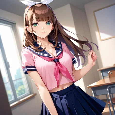 (masterpiece,best quality,high resolution,ultra detailed,game cg),chitose nishina,brown hair, long hair, bangs, blunt bangs,navel, cleavage, school uniform, pleated skirt, hairband, serafuku, pink shirt,black thighhighs, black skirt, zettai ryouiki, necker...