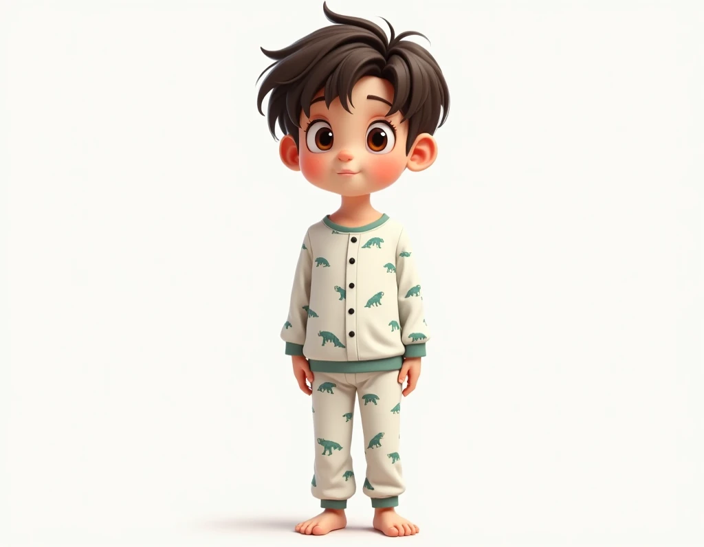 A full-body portrait of a  boy standing against a plain white background. The boy is slim with a delicate build, fair skin, and rosy cheeks. His round face features large, warm brown eyes filled with curiosity and a touch of innocence, and a small, upturne...