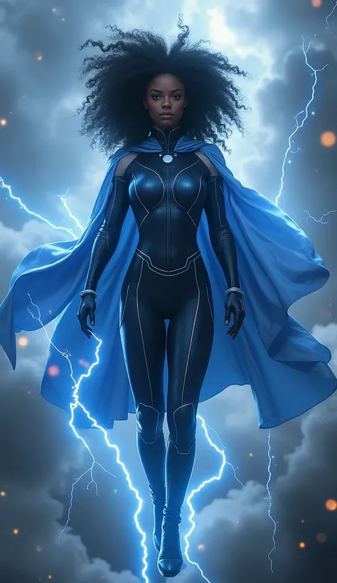 storm, X-Men, flying,   afro-descendant girl , bluish white eyes , realistic,  wonder superhero ,  standing with her eyes forward,  full body view erect ,  very strong and sexy body , Efeito storm raios realistic,  dramatic and dynamic , 4K,   masterpiece ...