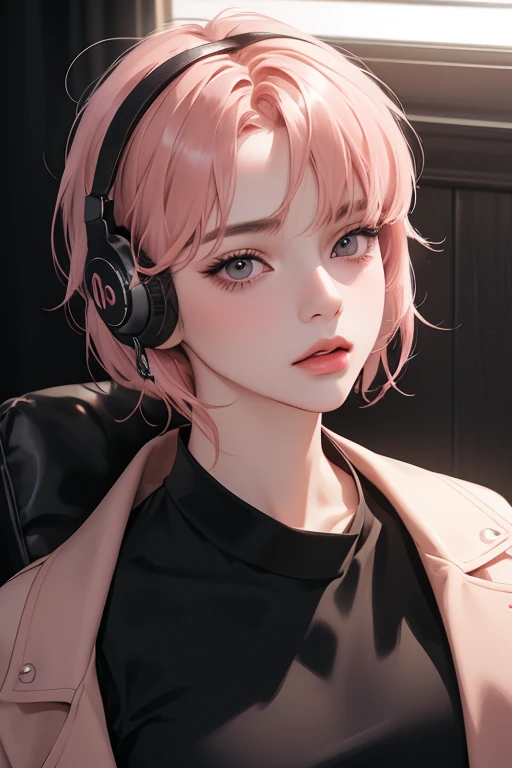 (best quality, ((masterpiece)), 8K resolution, Semi-realistic, cinematic lighting, ultra detailed, beautiful detailed eyes),1 woman, korean, 30-year-old ((black collared shirt)), black eyes,((hairstyle: Blunt bangs, salmon pink medium hair, hush cut)), upp...