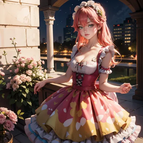 1girl, dress, solo, collarbone, long flowing hair, pink hair, floating hair, multicolored hair, perfectly body, jewelry, maid, maid dress, perfectly hands, on garden, petals, red roses, centered girl, maid, maid dress, yellow dress, maid apron, white apron...