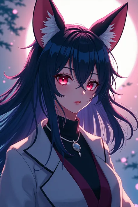 Kitsune human with dark hair and fox ears in anime style 