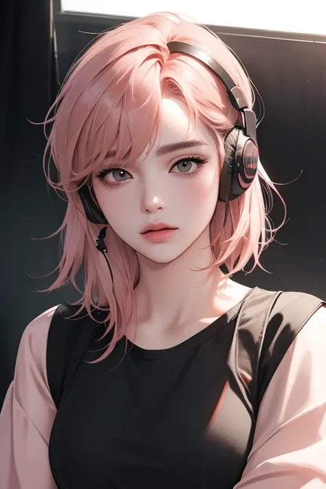 (best quality, ((masterpiece)), 8K resolution, Semi-realistic, cinematic lighting, ultra detailed, beautiful detailed eyes),1 woman, korean, 30-year-old ((solid black shirt)), black eyes,((hairstyle: Blunt bangs, salmon pink medium hair, hush cut)), upper ...