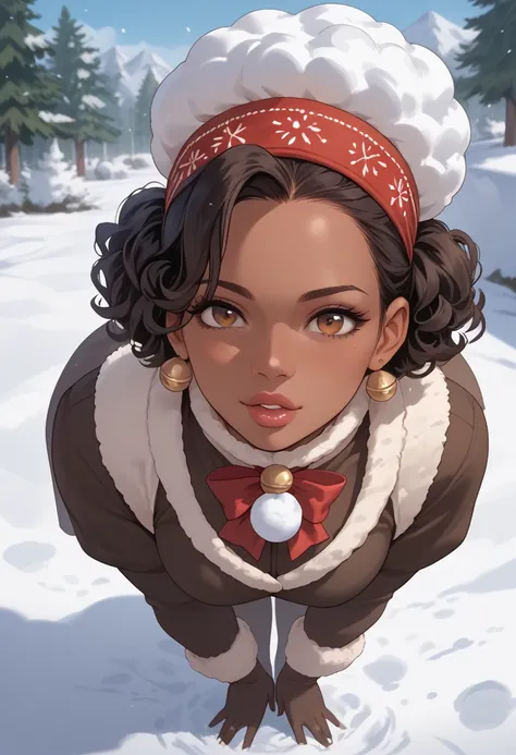 Almond-eyed Dark Mocha-skin tonned African-American woman with SHORT dark curly hair, juicy lips, and a large chest. She is bent over with her Breast in the Foreground while She is looking mischievous  , she is wearing a snow costume and holding a snowball...