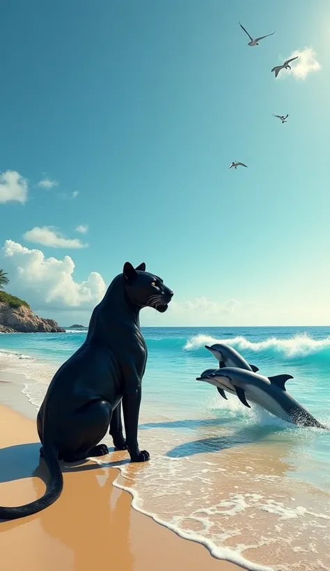 Black Panther and Dolphins : on a deserted beach,  a black panther is standing at the waters edge ,  watching a group of dolphins that jump happily in the waves .  The scene is a beautiful representation of the coexistence between terrestrial and marine an...