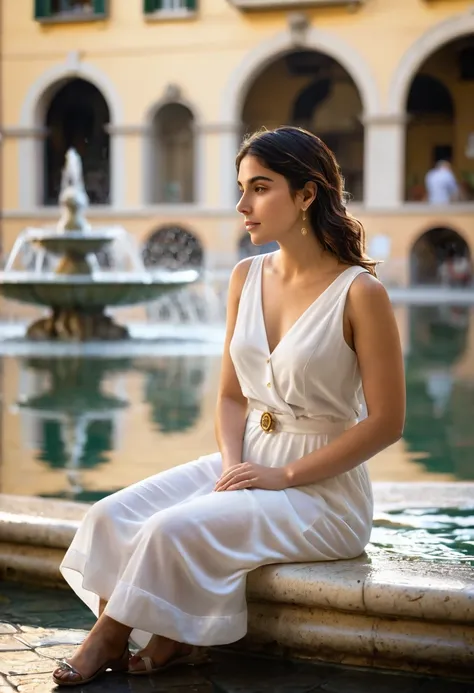 "Create a serene morning scene in a quiet Italian city square, where a classic fountain takes center stage. Focus on the intricate details of the water: the soft golden light of sunrise reflecting on the rippling surface, droplets falling gracefully into t...