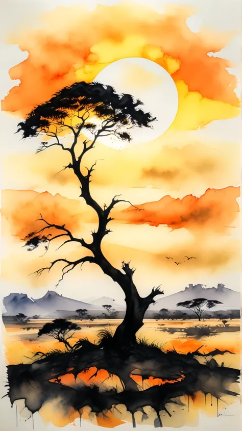 Ink and watercolour on parchment. Flat landscape, African savannah, lone acacia tree against the rising sun, silhouette of vulture on the tree branch. orange and yellow and black