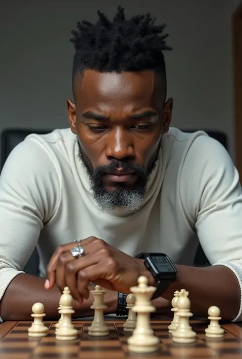 My picture playing chess.
I need a partially grey hair beared. Let the man be an African with a chocolate colour wearing a turtle neck and an eye glasses.
I need the hair to be black. Let only the jaw part of his bear be be partially grey. Let the turtle n...