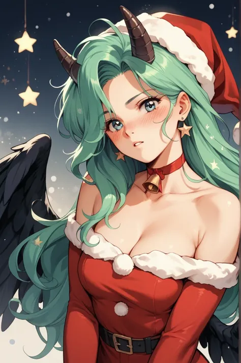 Retro anime style. Ethereal green haired witch. She has black horns and black wings. She is wearing a modest christmas outfit and is blushing. 