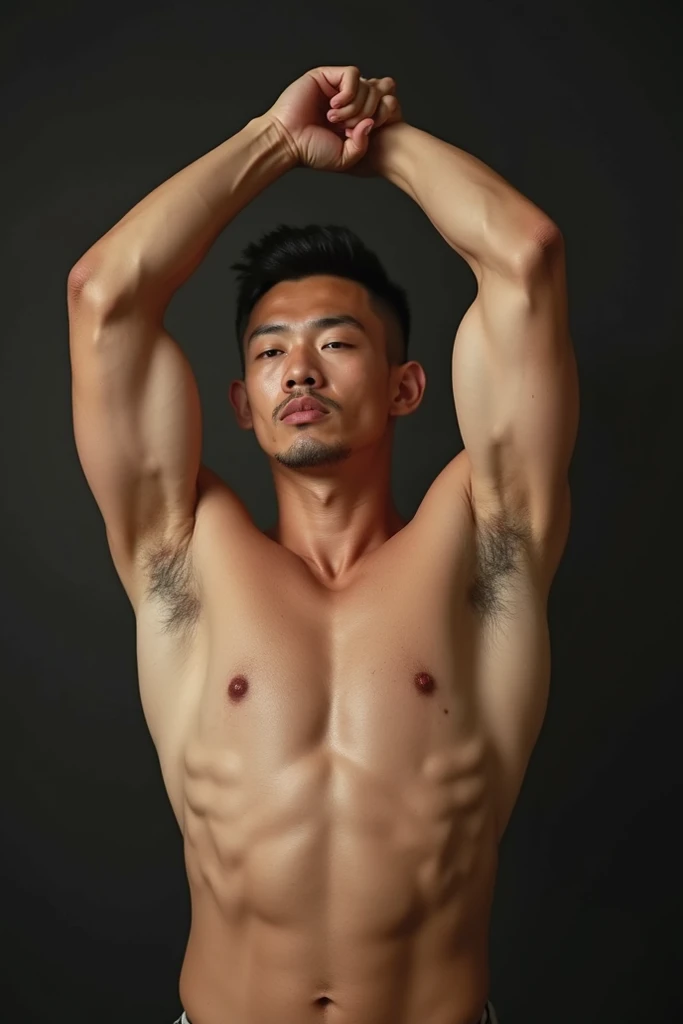 A naked, handsome, slight muscular chinese man raising his arms and showing his hairy armpit hair, with his dick erected