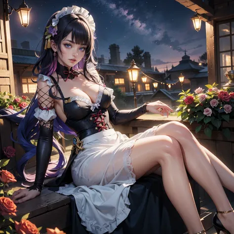 raiden shogun_(genshin impact), 1girl, dress, solo, collarbone, long flowing hair, purple hair, floating hair, ornament hair, perfectly body, gold jewelry, jewelry, maid, maid dress, perfectly hands, on garden, petals, purple roses, centered girl, purple h...