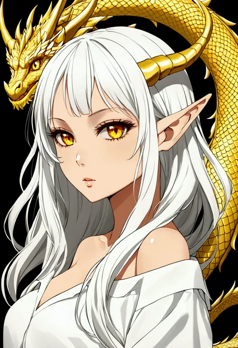 1girl, solo, long hair, white hair, parted bangs, short bangs, forehead, yellow eyes, dragon girl, golden dragon horns, dragon tail, white dragon tail, pointy ears, golden scales on cheek, wearing a white shirt, oversized shirt, bare shoulder, bottomless, ...