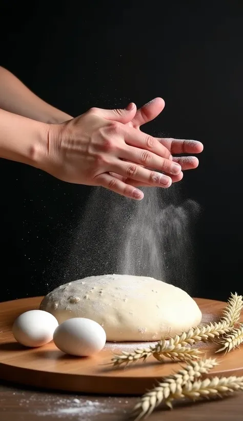 A person is preparing dough on a wooden board. The hands are clapping together, causing flour to disperse into the air. There are three eggs and some wheat stalks placed on the surface next to the dough. The scene is set against a dark background, highligh...