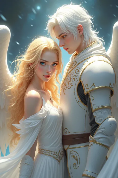 Create an image of a saintess with golden hair and pink eye and a holy knight with white hair blue eyel. Novel/manhwa cover style. Saintess in while dress 