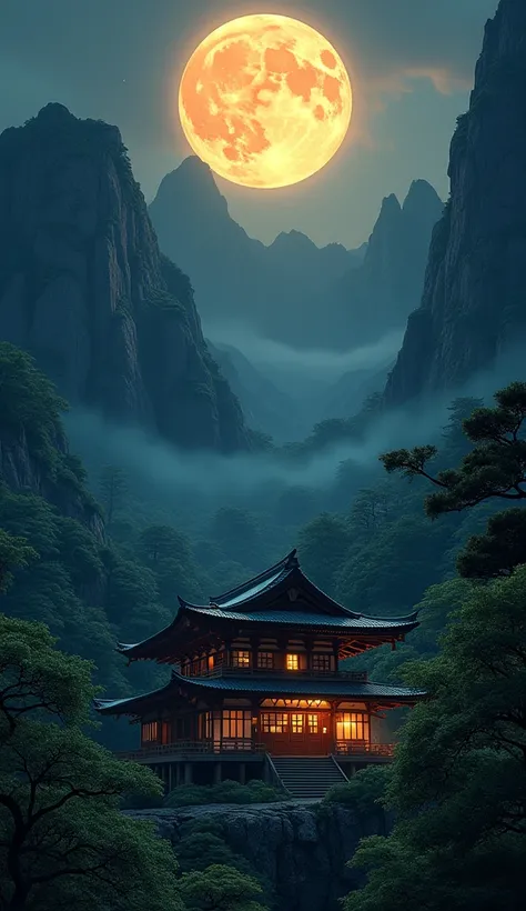 Anime house in the middle of dark mountains big big trees biggest trees around the house biggest moutain dark dark glowing night golden moon 