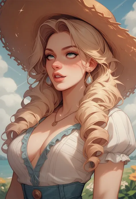 pioneer wife with loose blonde curls tucked under a wide-brimmed straw hat, dressed in a faded gingham blouse, medium breasts, waist-up, framed by rolling prairies at sunrise