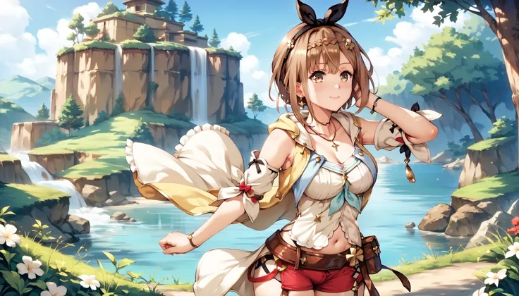 sfw, extreme wide shot, anime style, extremely detailed CG, high resolution, best quality, masterpiece, single woman, ryza (atelier ryza), light brown eyes, (beautiful detailed eyes: 1.4), brown hair, medium breasts, thicc, natural pose, beautiful landscap...