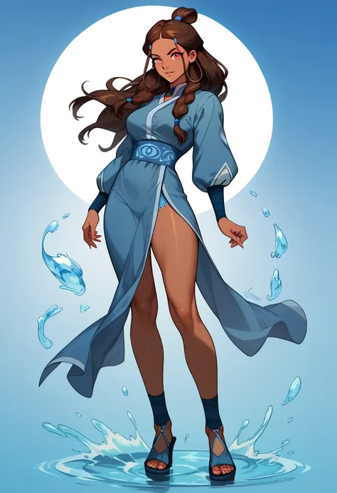 Kanae Hyiori, a beautiful woman with full lips, Water tribe Katara style, has red eyes, extremely detailed eyes, long brown hair and dark skin. She has a toned and strong body, thick and long legs, she wears a blue sweatshirt, blue underwear, with a close-...