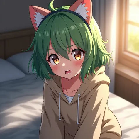  Anime girl is sitting on bed at home.  She has green hair and piercings . 1 girlHood ,  short hair, bang, earrings, earrings в виде кольца,  Cat ear headphones , makeup, Angry,  Background Blur, Anime style, 