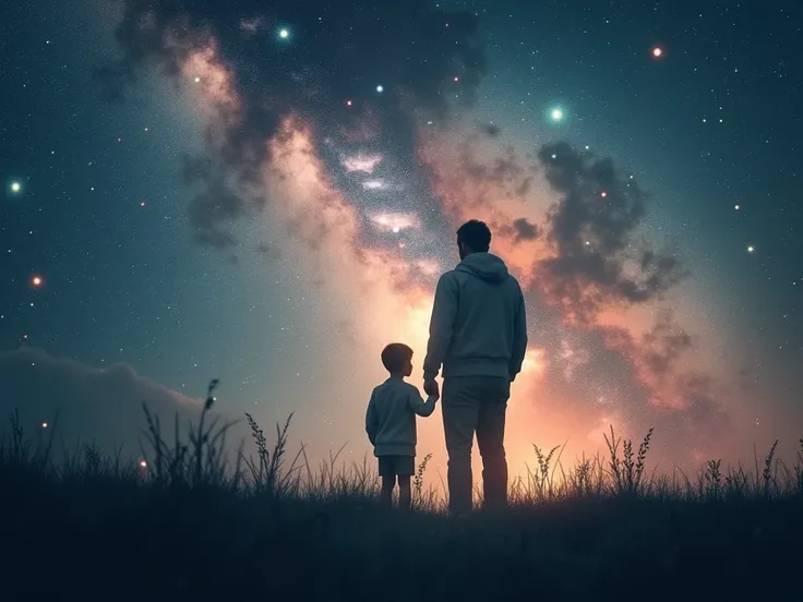 Image: A dreamy galaxy overlay with faint silhouettes of the boy and his father.