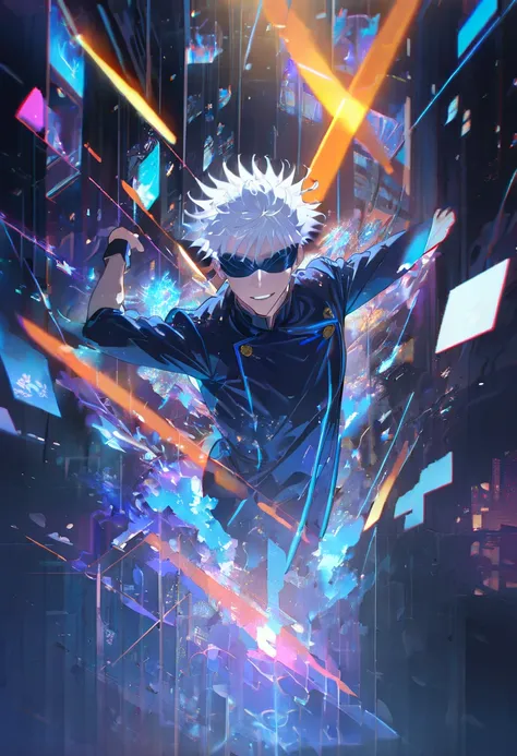 Ultra-detailed and high-quality illustration of Satoru Gojo from Jujutsu Kaisen, standing in the center of a vibrant, neon-lit futuristic city at night. Gojo wears his iconic black Jujutsu Sorcerer uniform with subtle neon trims and a sleek black blindfold...