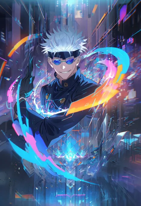 Satoru Gojo from Jujutsu Kaisen, in a futuristic neon-lit city with towering holographic skyscrapers and glowing pathways. He wears his iconic black Jujutsu uniform with neon accents and a sleek black blindfold instead of sunglasses.

Gojo stands in a dyna...